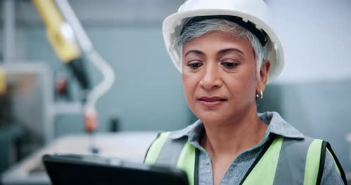 Usine, robotique et femme mûre sur tablette pour la chaîne de montage, la mise à jour du logiciel et l'inspection