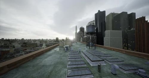 Rooftop View of City Skyline at Sunset with Clouds and Buildings