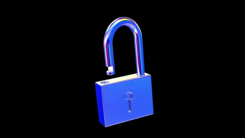 Iridescent Glossy Futuristic 3D Padlock Security Object Loop on Transparent Alpha Channel Background
