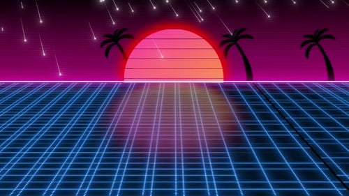 Retro Land Animation With Grid And Sun. 80's Synth Wave Style Retro Background, Futuristic Retro Lan