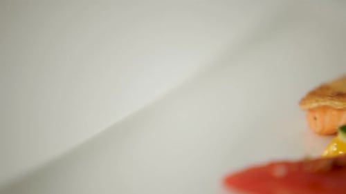 Grilled salmon with colorful vegetable garnish on a white plate, close-up