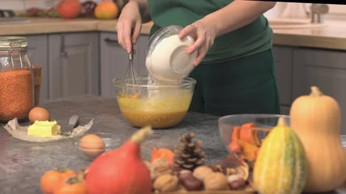 Add White Flour in Raw Dough Cooking Traditional Pumpkin Pie for Thanksgiving