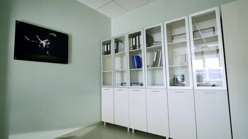 Caractéristiques du bureau : armoires avec portes vitrées contenant des classeurs