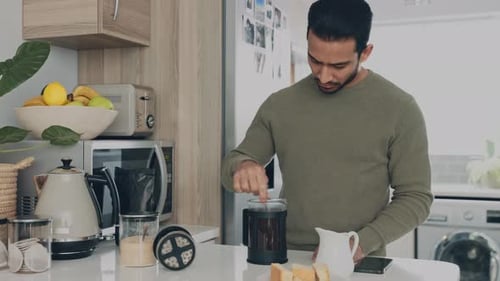 Relax, morning man and coffee plunger in kitchen for caffeine breakfast drink wake up routine
