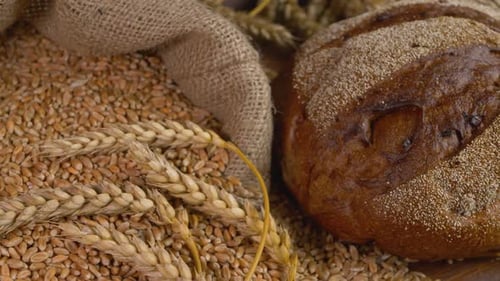 Artisanal Loaf with Wheat Kernels and Stalks