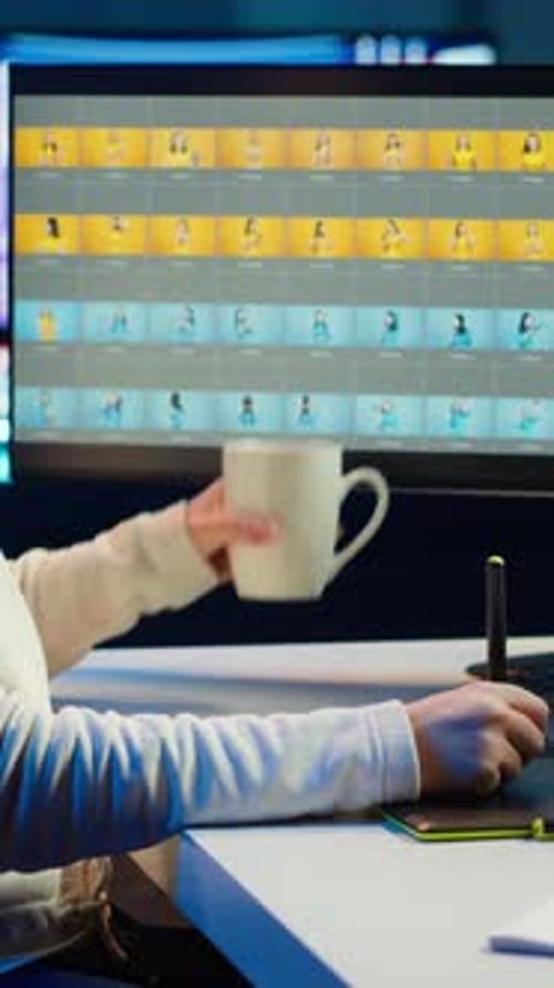 Young Adult Woman Using Graphic Tablet and Computer