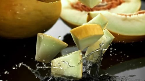 Des morceaux de melon tombent sur une surface mouillée, filmés par une caméra à haute vitesse à 1000 images par seconde