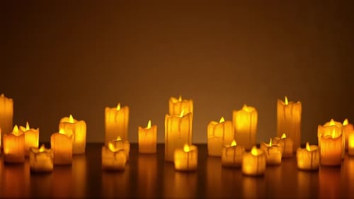 De nombreuses bougies allumées de différentes tailles projettent une lueur chaude et accueillante dans une pièce faiblement éclairée, créant ainsi une atmosphère paisible et chaleureuse.