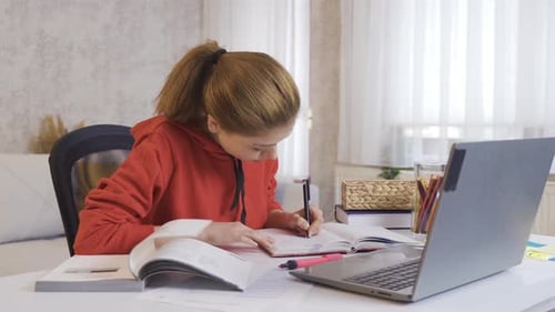 Zu Hause macht das Schulmädchen Hausaufgaben, schaut sich die Bücher an und lernt.
