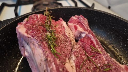 Cooking Raw Ribeye Steaks in a Pan