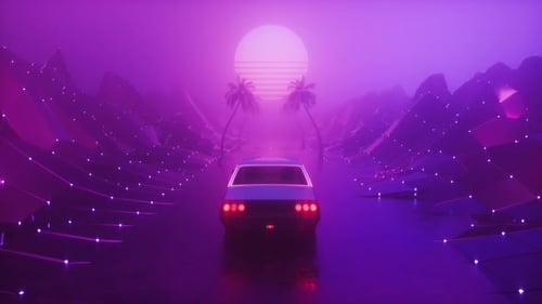 Retro Wave Riding Car At Foggy Landscape Background