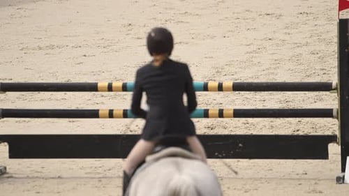 Eine Frau in einem schwarzen Kleid nimmt an einem professionellen Pferdesportpferdewettbewerb teil