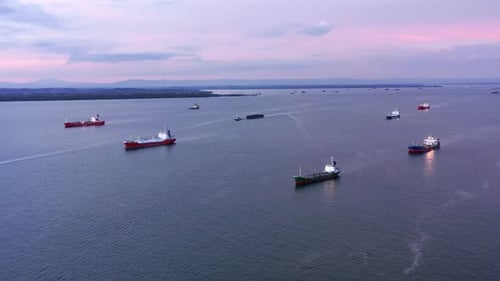 Panoramic View Of Oil Tanker Ships Navigating Near Port of Balikpapan In East Kalimantan, Indonesia.