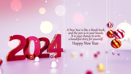 Happy New Year 2024 Title with Festive Ornaments and Particles