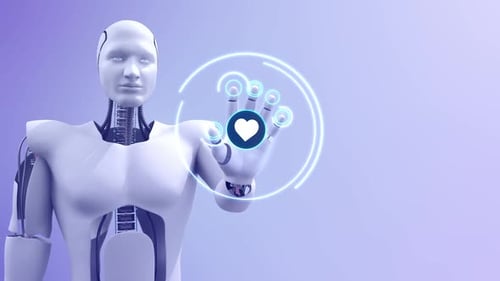 Roboter interagiert mit Herzschnittstelle auf futuristischem Bildschirm