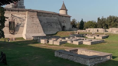Walls and towers of the ancient Kremlin in Pskov. Russia.