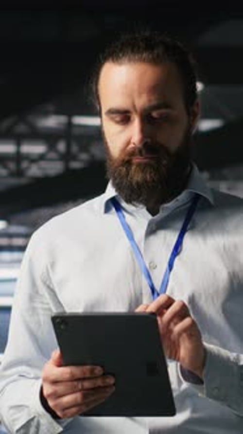 Vertical Video Data Center Technicians Use Devices to Monitor Neural Network LLM Visualization