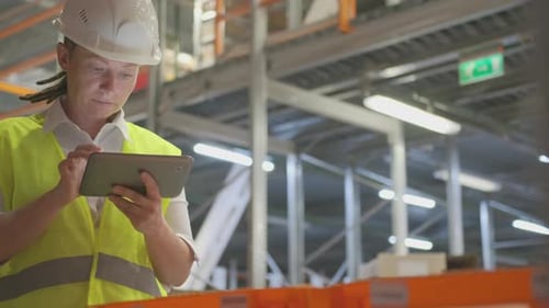 Woman manager or storekeeper at wholesale or retail warehouse keeps inventory control using tablet
