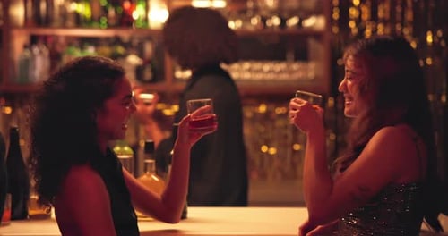 Women Toasting Drinks at a Nightclub Bar