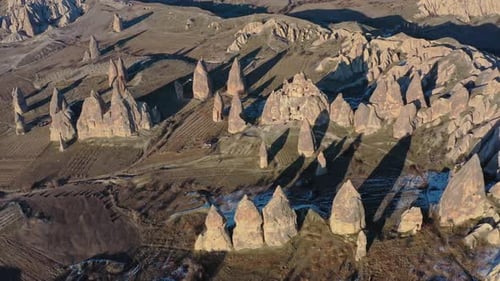 Aerial view of fairy chimneys, Cappadocia, Turkiye.