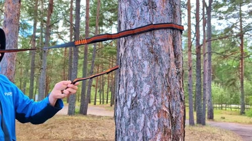 Hamac suspendu, balançoire à installer sur un tronc d'arbre par un homme en forêt, cordon de tension à l'extérieur
