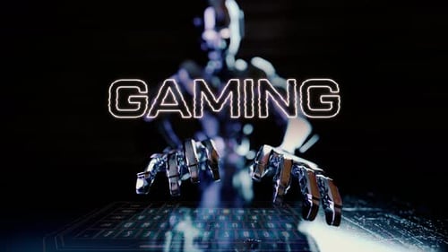 Futuristic Robot Hands Typing Holographic Keyboard for Gaming Title Reveal