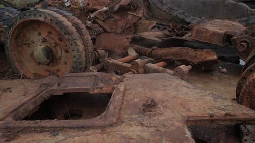 Close Perspective on Decayed Industrial Components Focus on Corroded Machinery Parts in Scrapyard