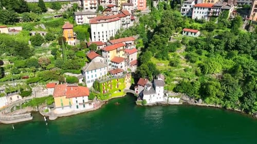 Aerial View of Nesso a Picturesque and Colourful Village Sitting on the Banks of Lake Como Italy