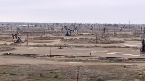 Massive Oil Field Landscape with Working Pump Jacks and Infrastructure