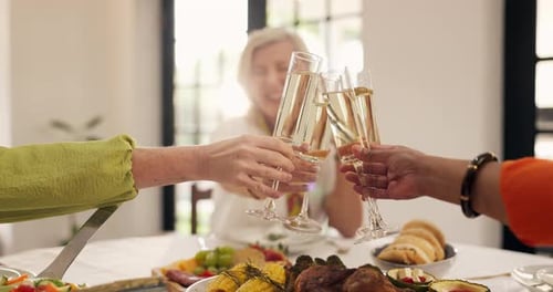 Friends Celebrate Together Toasting with Champagne at Dinner
