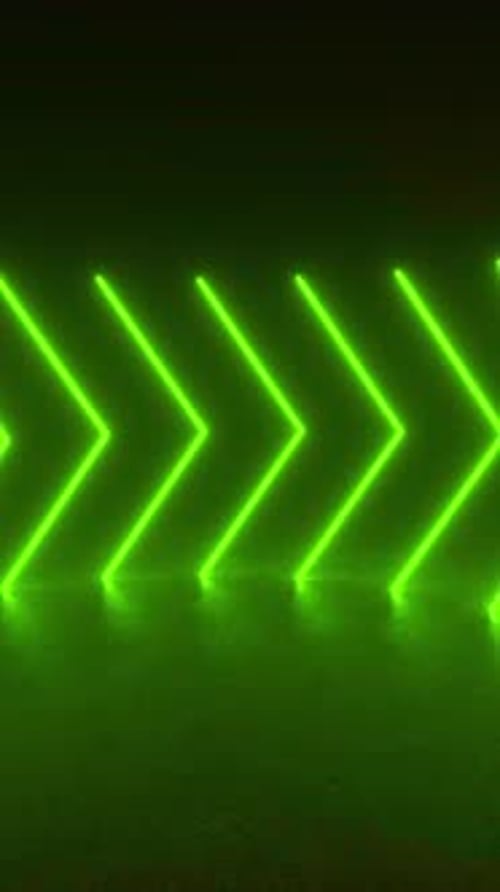 Yellow arrows, part of a 3D animation loop, glow brightly in the dark on a concrete floor.