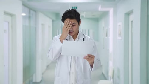 Doctor Reads Report, Stressed in Hospital Hallway
