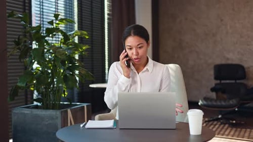 Friendly Female Manager Talking on Mobile Phone and Typing on Laptop at Office