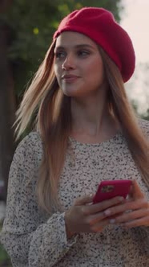 Blonde Female Young Tourist with Phone Traveling in Beautiful City Attractive Caucasian Elegant