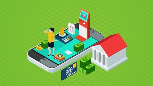 ATM Banking Money on Mobile Phone Bank Animation