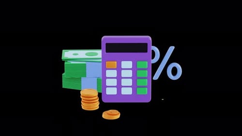 Conceito de dinheiro, finanças, economia. Animação de renderização 3D. Calculadora, notas de dólar e moedas