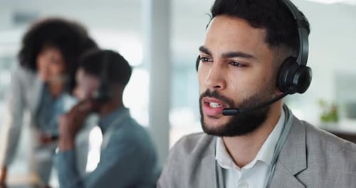 Call center, face or man speaking on headset, telemarketing or telecom office for online customer