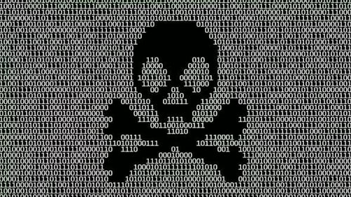 Binary Code Forms a Skull Symbol on a Digital Backdrop