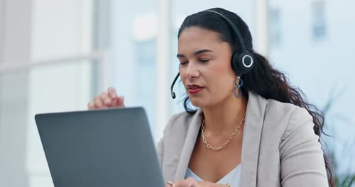 Call center, talking or woman on laptop in telemarketing or telecom office for customer services