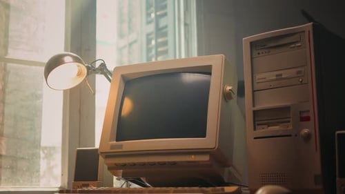 Retro-PC, Computerspiel-Desktop, Vintage-Stil, mit Ladecode, Konsole, Programmierer, der Skripte erstellt, Grün