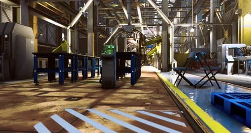 À l'intérieur d'une usine moderne avec des machines et des tables de montage en service