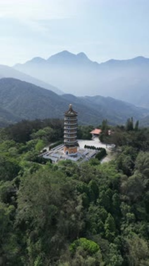 Aerial view of Pa Cien Pagoda with Ita thao pier background in Nantou