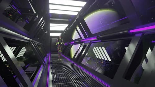 Animated Robot Walking Through a Futuristic Space Corridor