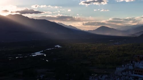 Aerial drone shot of thikshey monastery captured after sunset in blue hour.