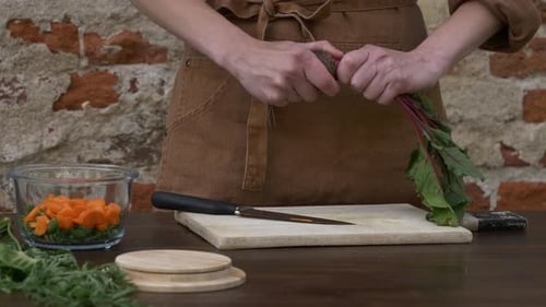 Woman in brown clothes cooking vegetable salad, cut beet with knife on board, Wroclaw, Poland