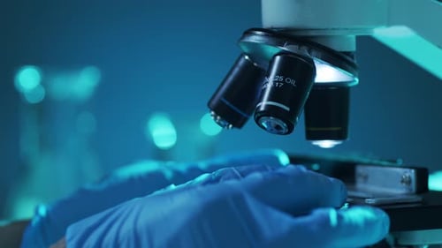 Gloved Hands Adjusting Slide Under Microscope in Lab