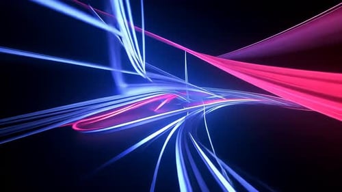 Abstract neon light trails in a dark space. Dynamic flowing lines of vibrant blue and pink light