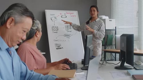 Woman Presenting Technology Diagram to Office Colleagues