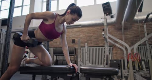 Woman on Workout Bench Lifting Dumbbell Weights