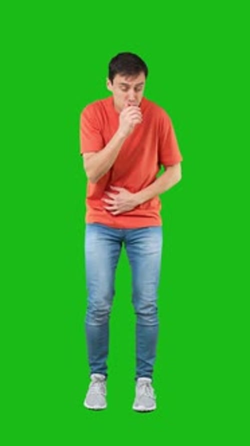 Sick Man Coughing with Closed Eyes Green Background